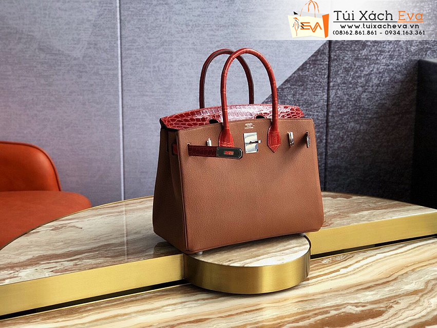 Túi Xách Hermes Birkin Bag Siêu cấp Màu Nâu Phối Đỏ Đẹp.