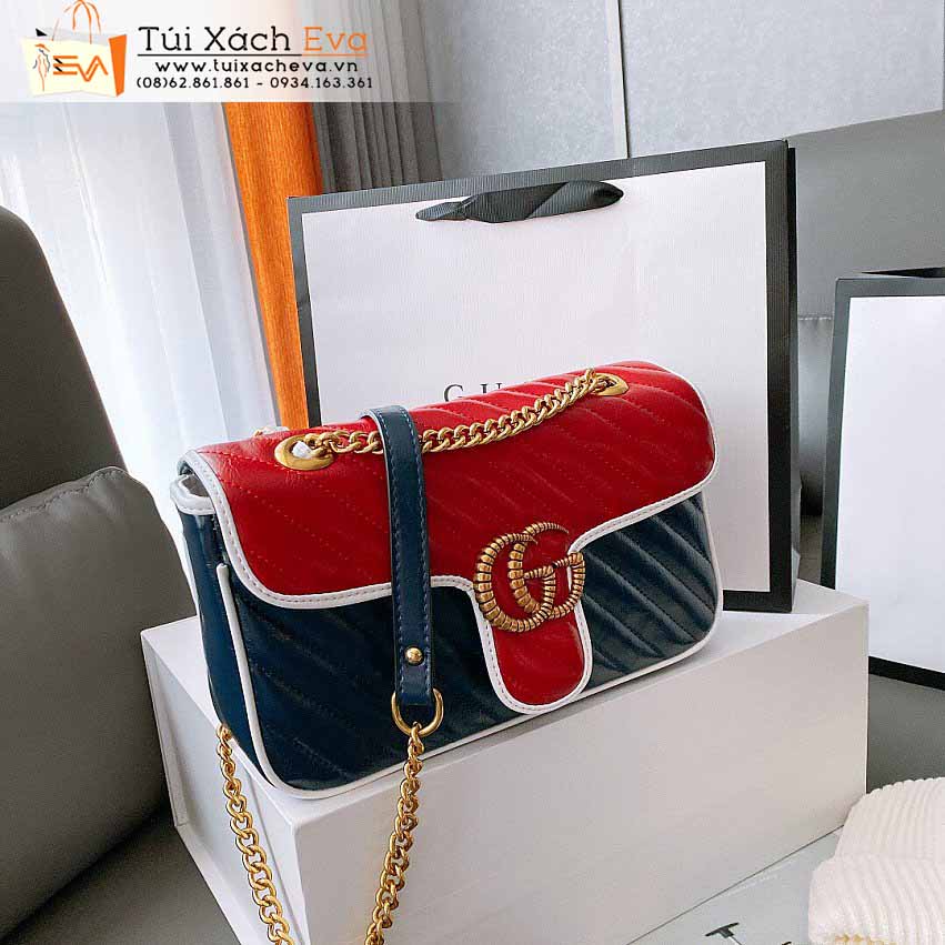 Túi Xách Gucci Marmont Bag Siêu Cấp Màu Xanh Phối Đỏ Đẹp.