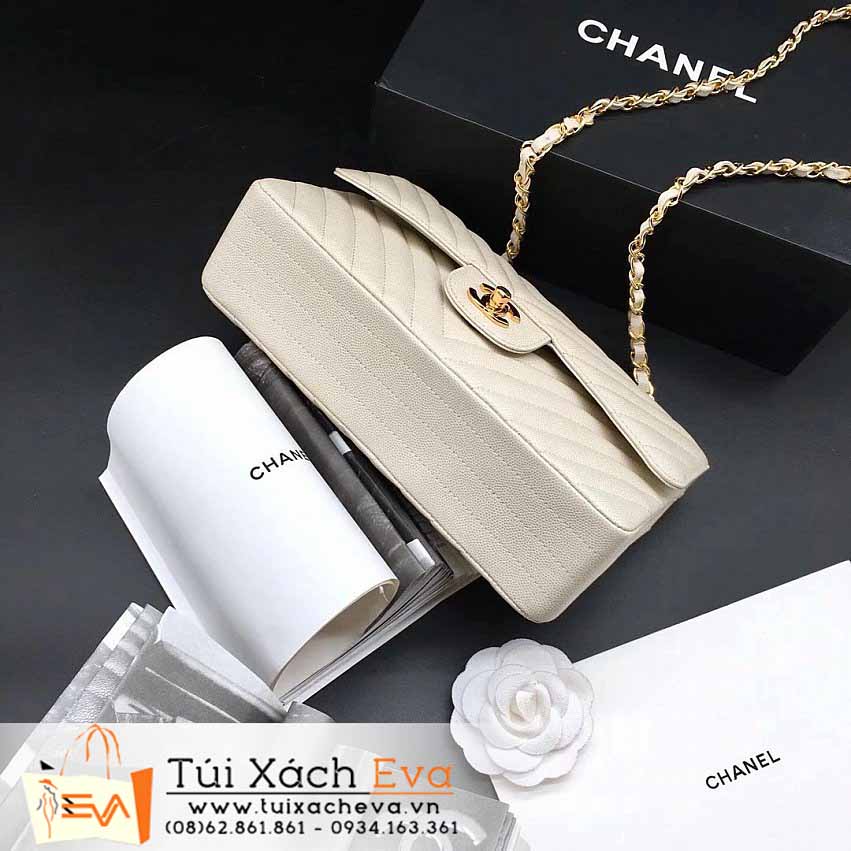 Túi Xách Chanel Calfskin Chevron Double Flap Bag Siêu Cấp Màu Trắng Đẹp.