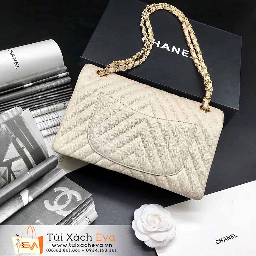 Túi Xách Chanel Calfskin Chevron Double Flap Bag Siêu Cấp Màu Trắng Đẹp.