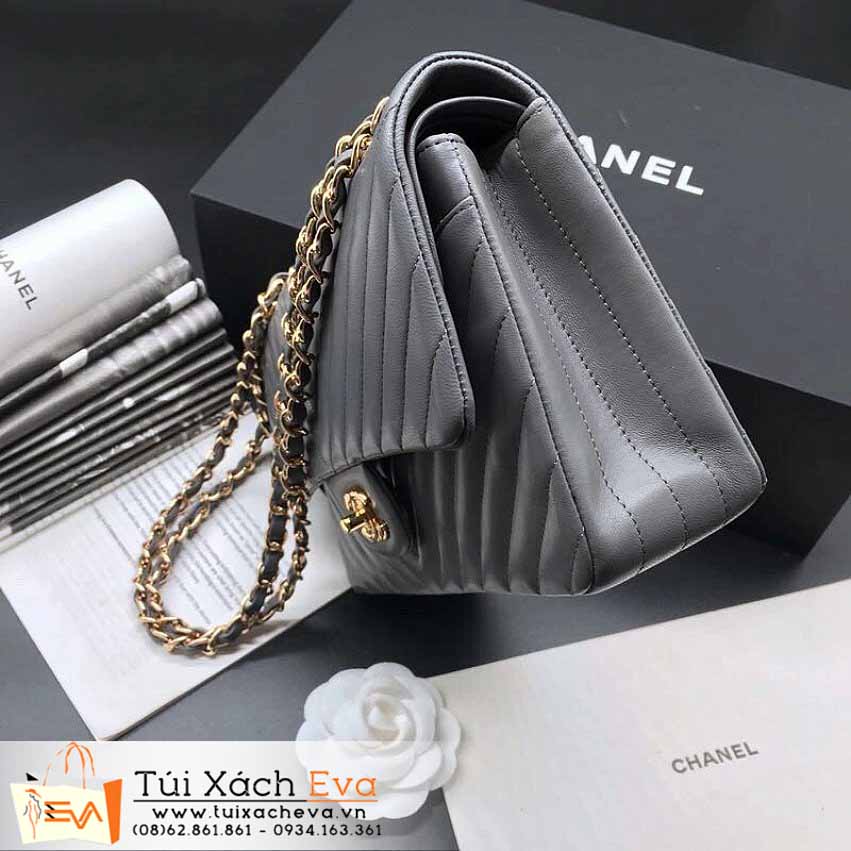 Túi Xách Chanel Calfskin Chevron  Double Flap Bag Siêu Cấp Màu Xám Đẹp.