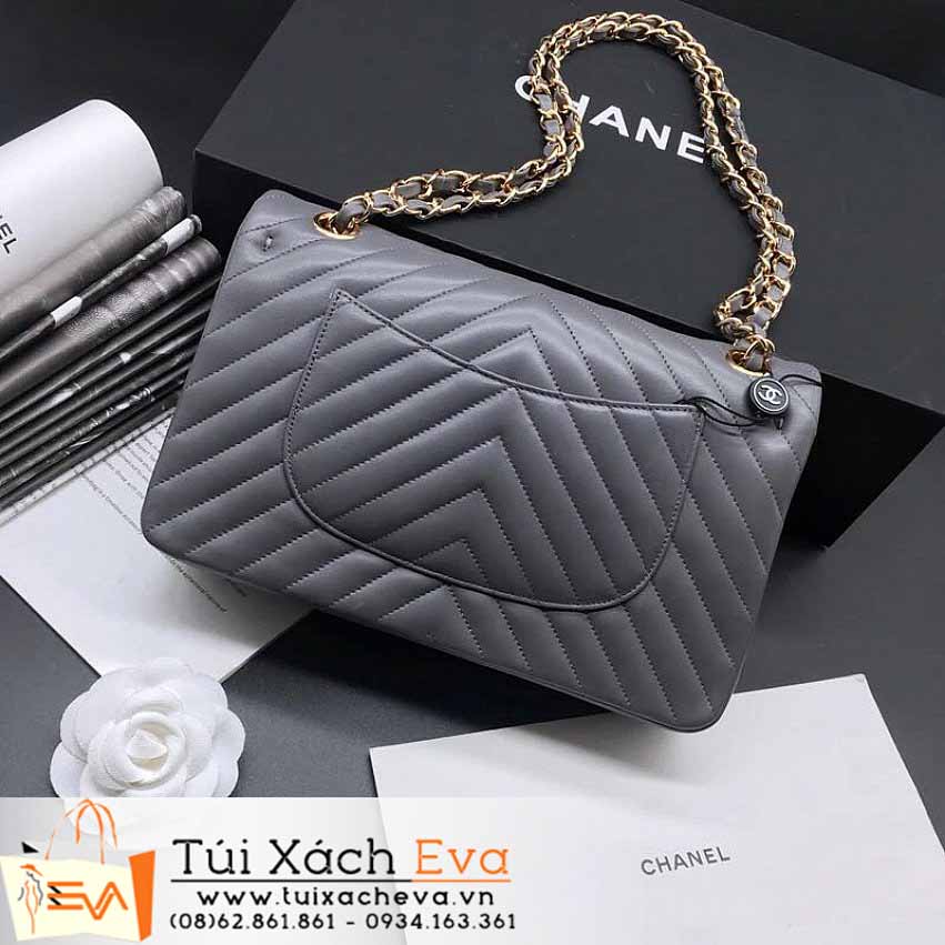 Túi Xách Chanel Calfskin Chevron  Double Flap Bag Siêu Cấp Màu Xám Đẹp.