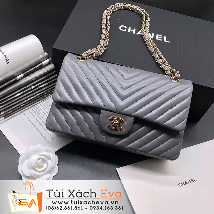 Túi Xách Chanel Calfskin Chevron  Double Flap Bag Siêu Cấp Màu Xám Đẹp.