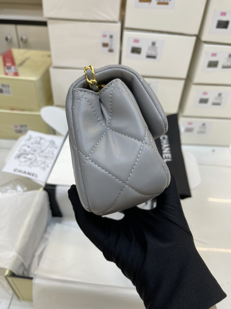 ️️️Túi Đeo Chéo Chanel Super Mini Flap Bag LambskinHardware AS3473 Màu Xám