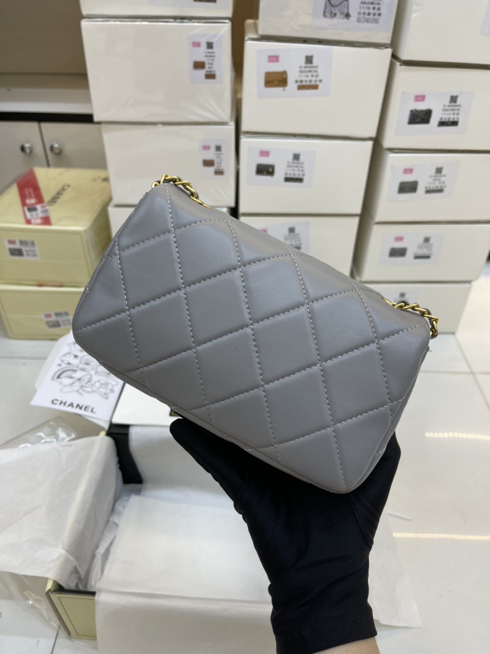 ️️️Túi Đeo Chéo Chanel Super Mini Flap Bag LambskinHardware AS3473 Màu Xám