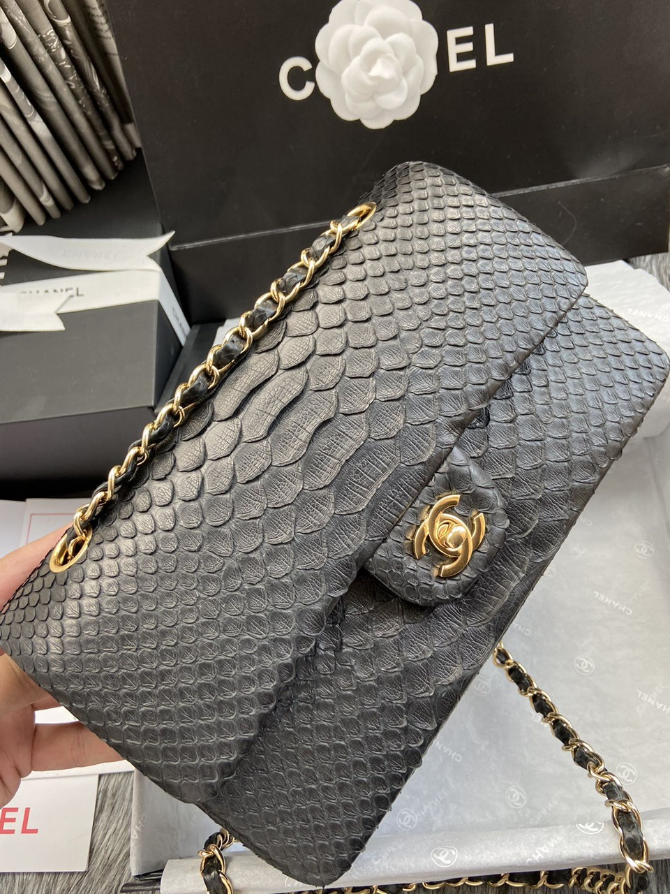 Túi xách Chanel Siêu Cấp Timeless Chanel 2.55 classic Double flap python Black