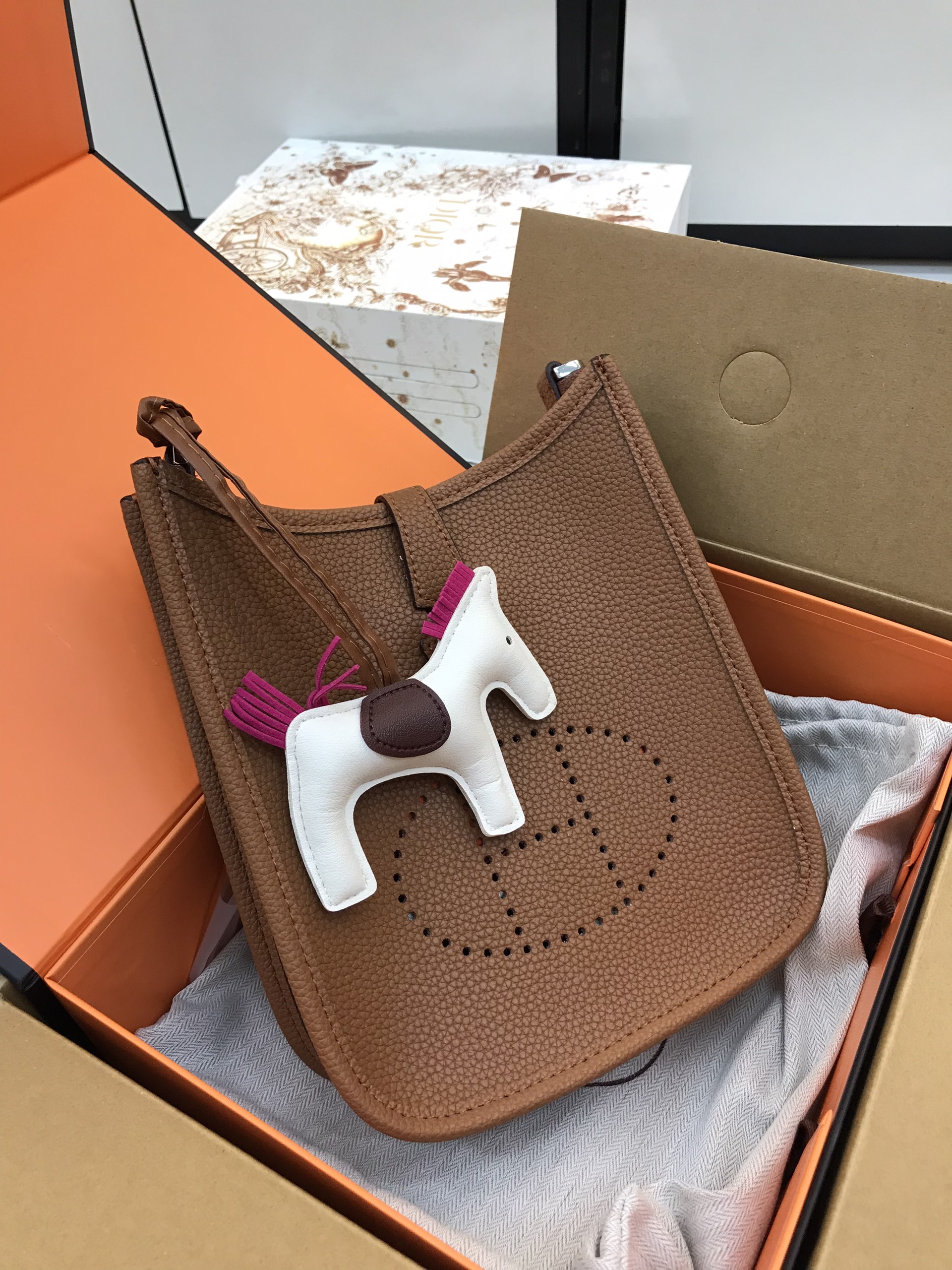 Túi xách Hermes Super Mini Evelyn Full Box Màu Nâu