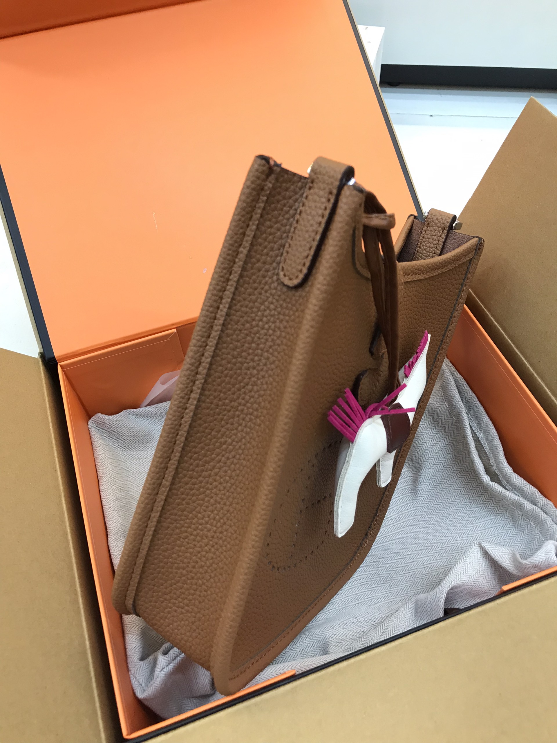 Túi xách Hermes Super Mini Evelyn Full Box Màu Nâu