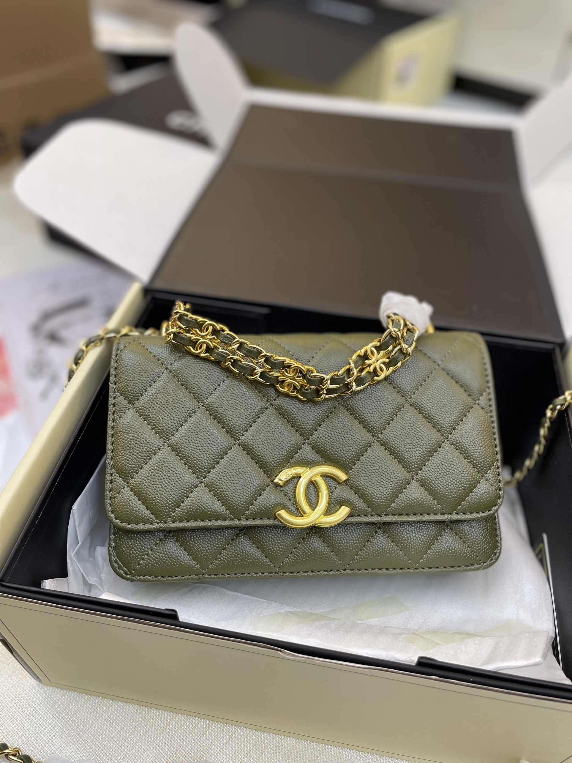 Túi Xách Chanel Super Coco First Mini Caviar Ghw Màu Rêu
