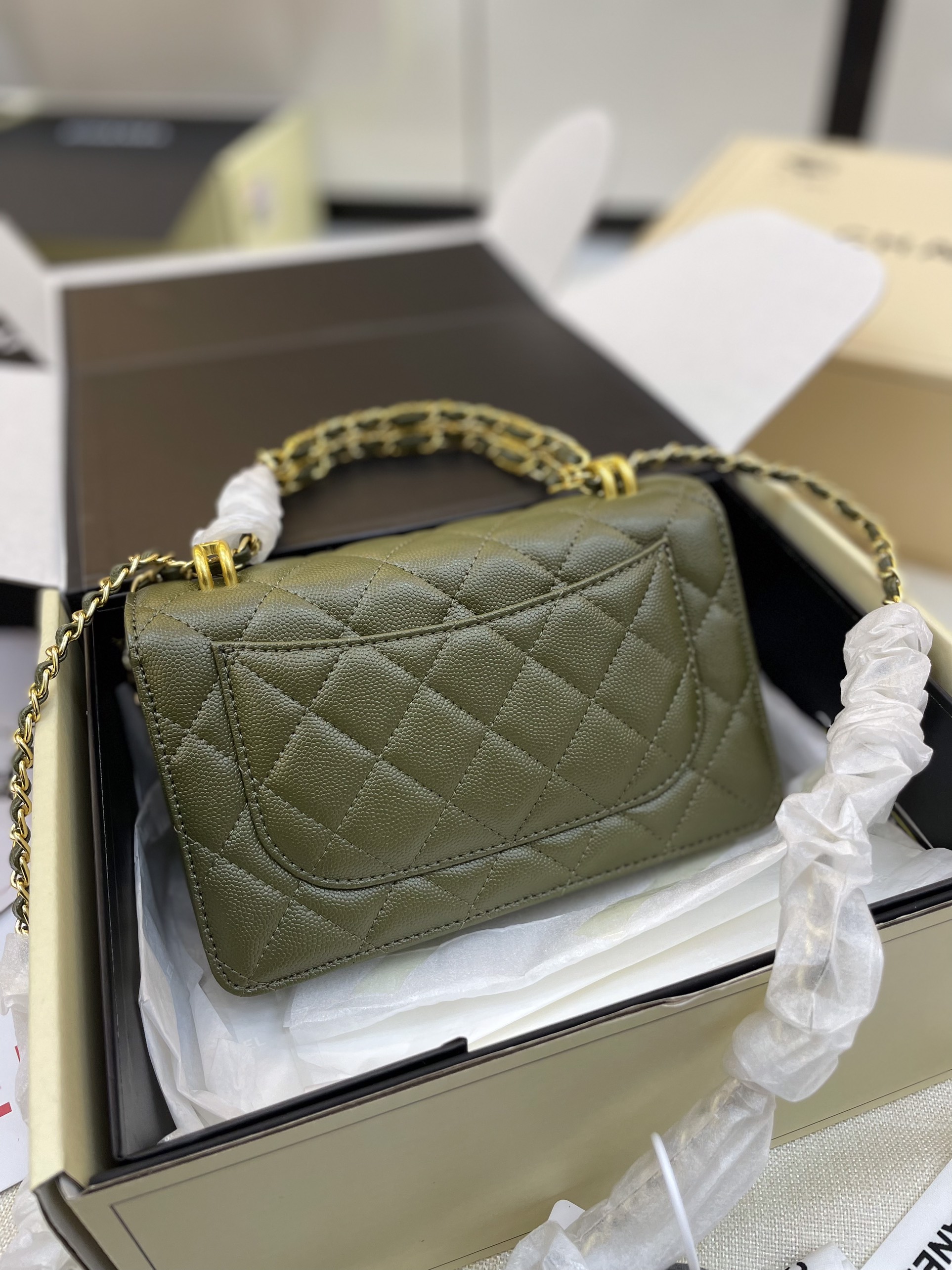 Túi Xách Chanel Super Coco First Mini Caviar Ghw Màu Rêu