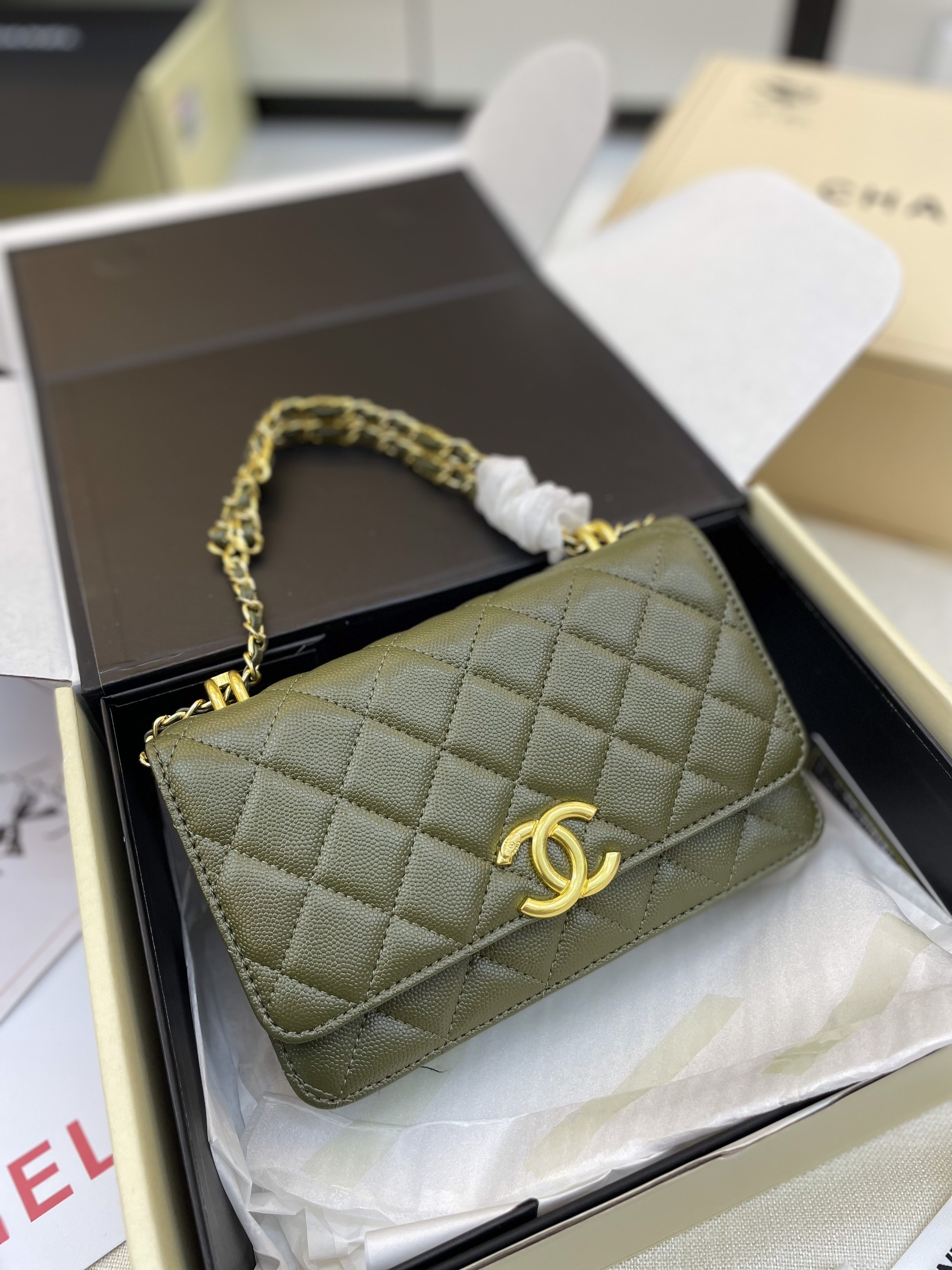 Túi Xách Chanel Super Coco First Mini Caviar Ghw Màu Rêu