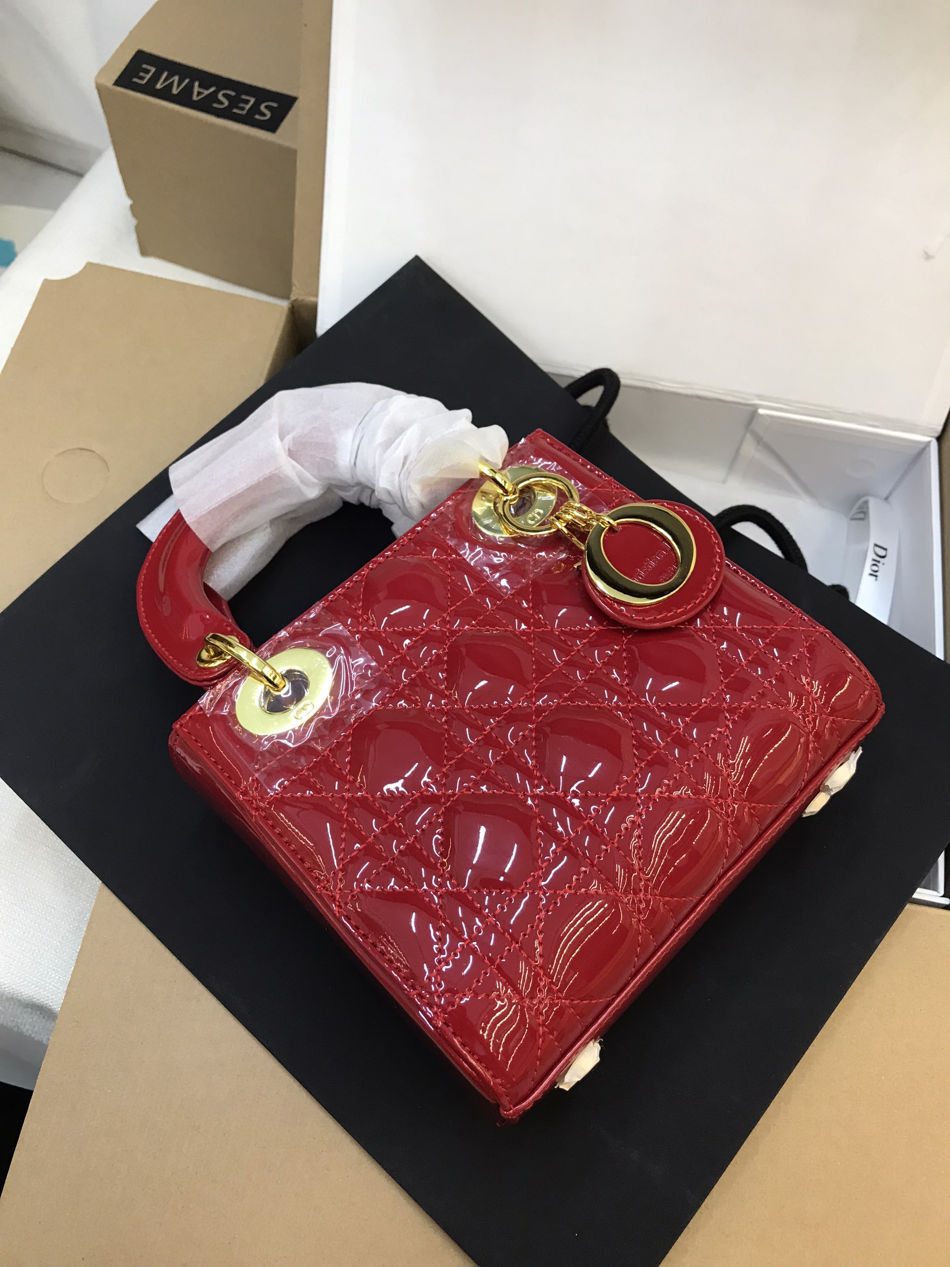 Túi Xách Dior Lady Super Da Bóng Màu Đỏ Size 18cm