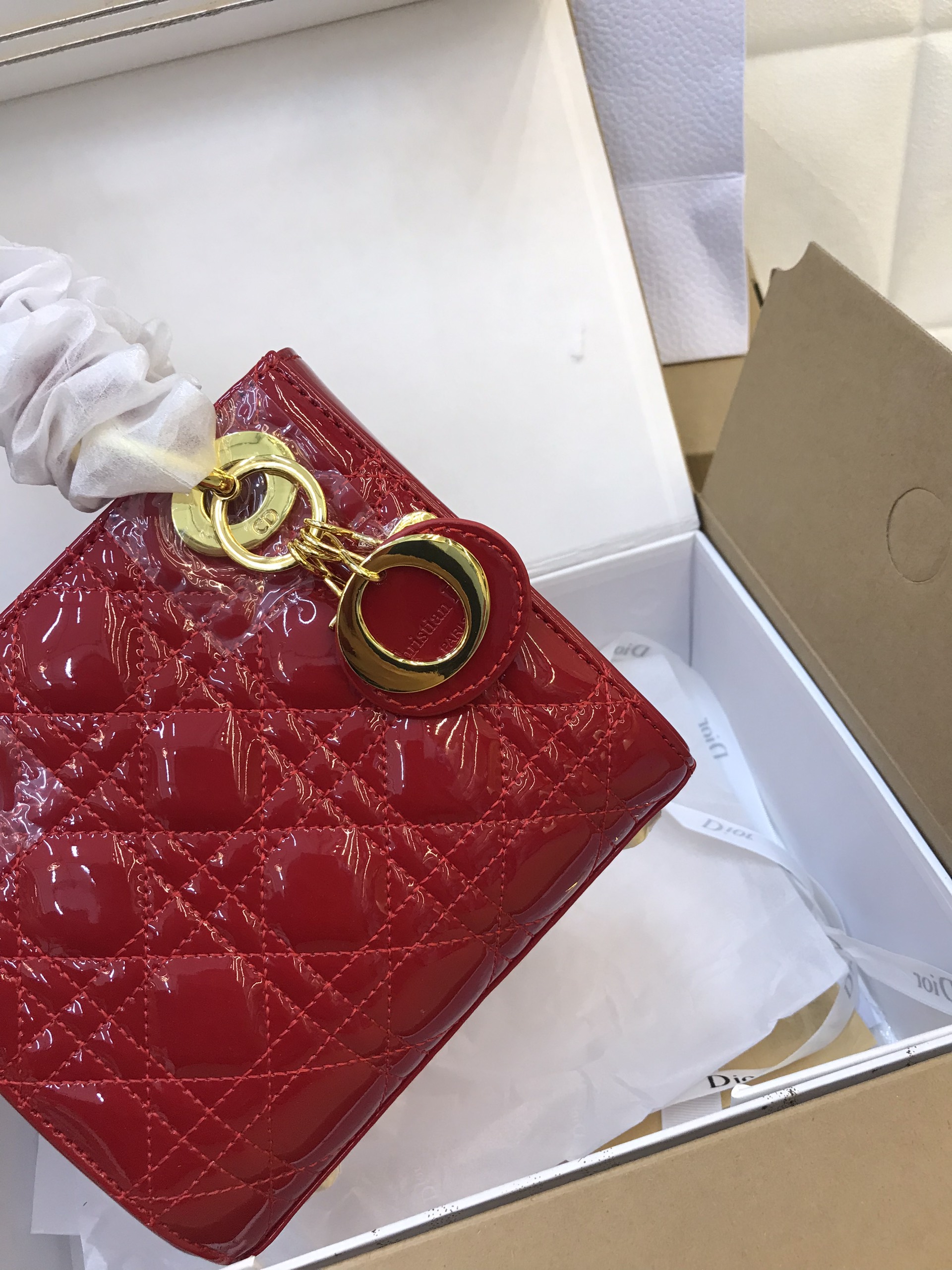 Túi Xách Dior Lady Super Da Bóng Màu Đỏ Size 18cm