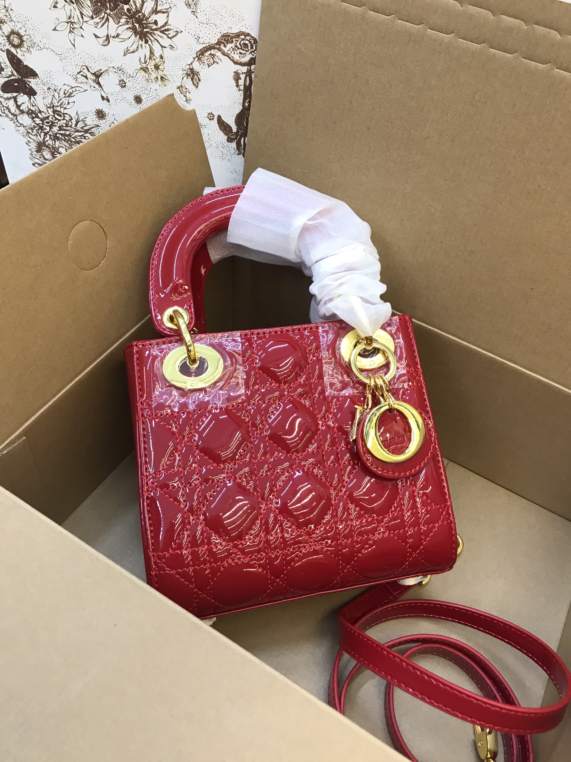 Túi Xách Dior Lady Super Da Bóng Màu Đỏ Size 18cm