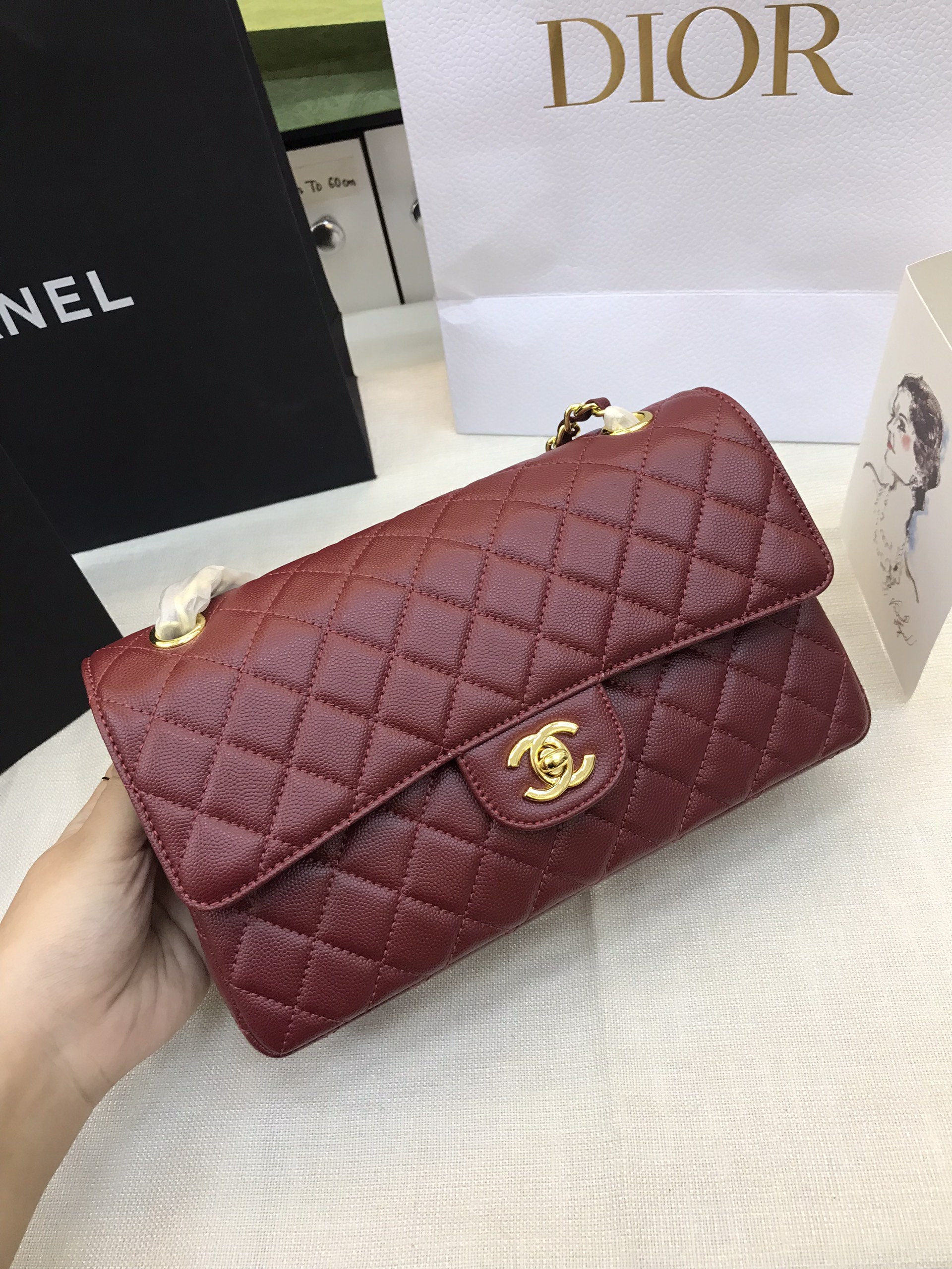 Túi Xách Chanel Classic Super Màu Đỏ Đô Khóa Vàng Size 26cm