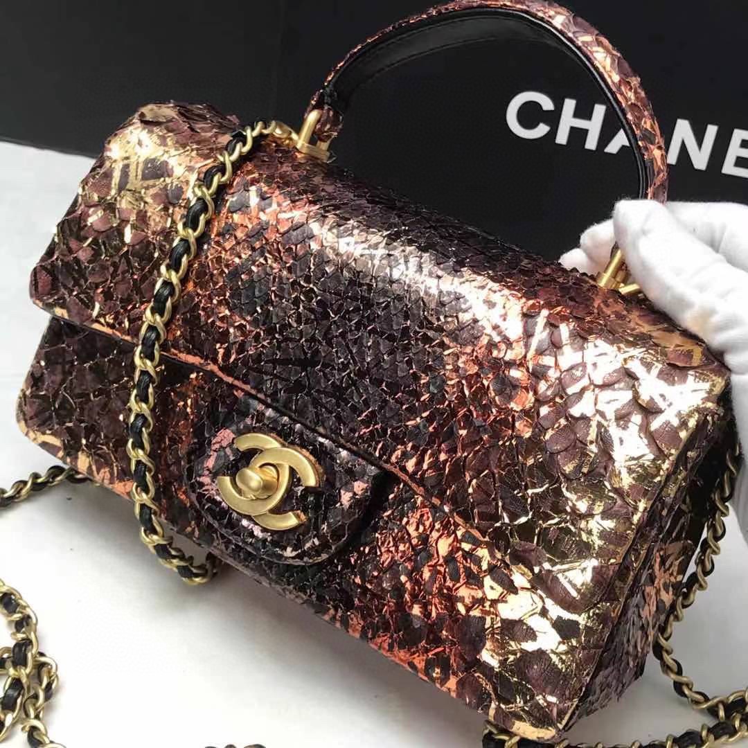 Túi Xách Chanel Classic Siêu Cấp Da Trăn Quai Xách Khóa Vàng Màu Vàng