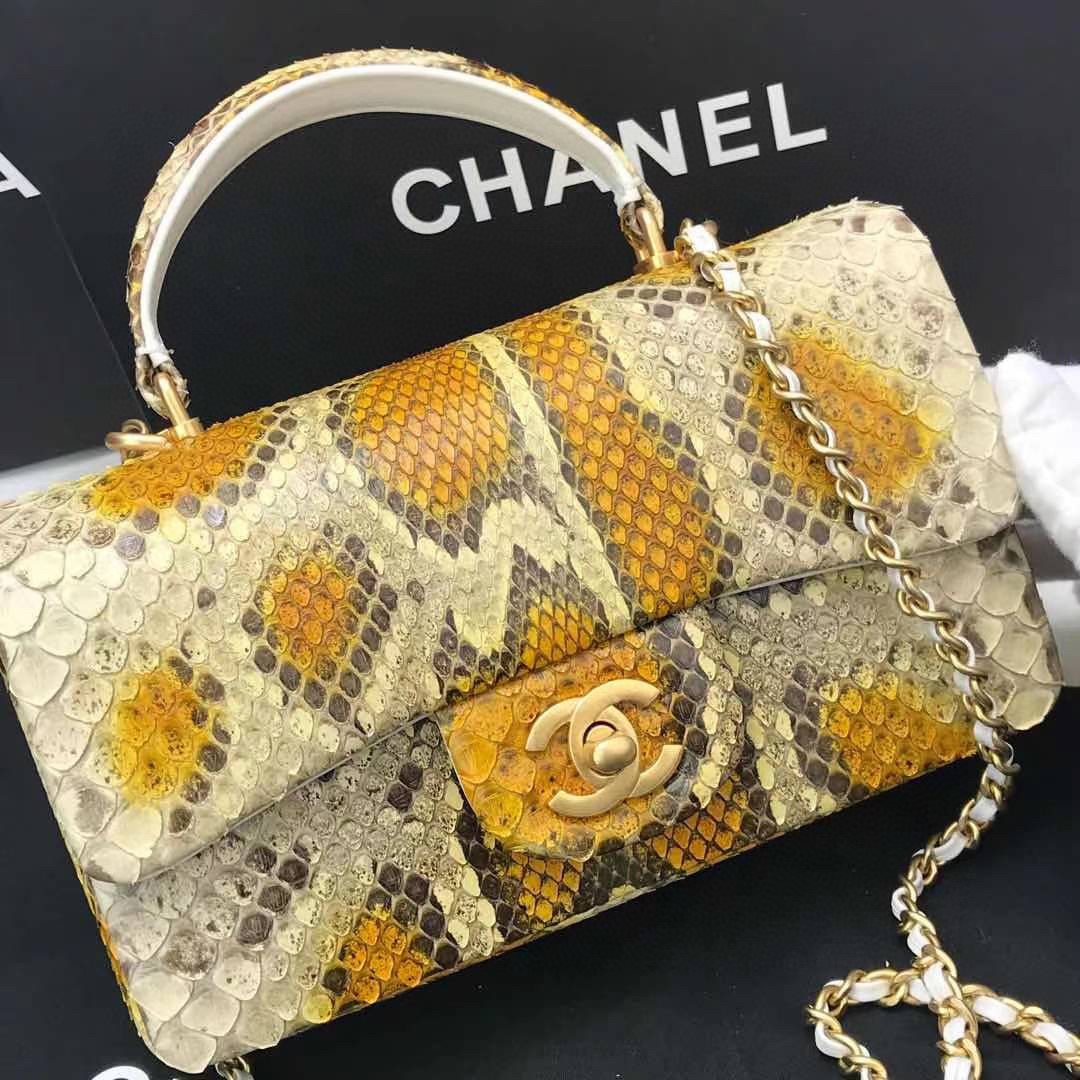 Túi Xách Chanel Classic Siêu Cấp Da Trăn Quai Xách Khóa Vàng Màu Nâu