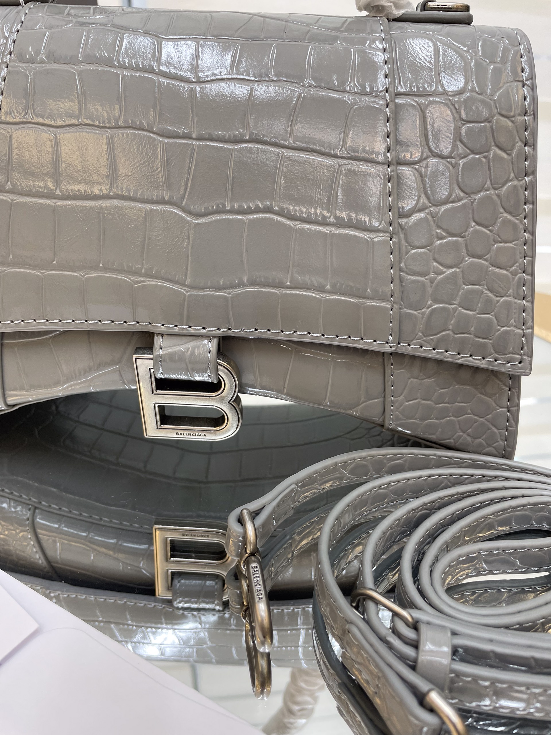 Túi Xách Balenciaga Hourglass Super Da Cá Sấu Size 25cm Màu Xám